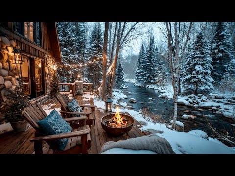 Relaxing Winter Snowfall by a Cozy Firepit on the Riverside Cabin Porch