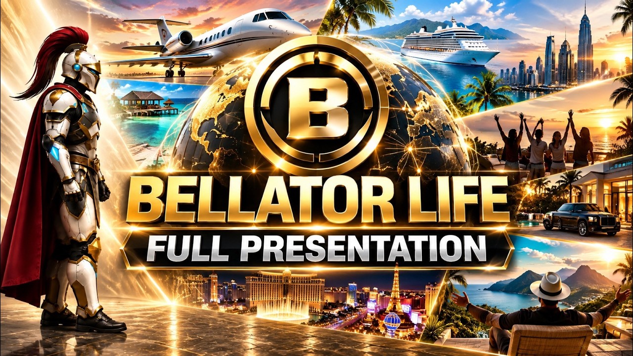 Bellator Life presentation thumbnail with its title over a gold travel collage