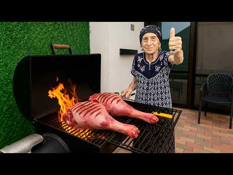 Epic Mountain BBQ: Grandma Serves Juicy Lamb Leg at the Family Table