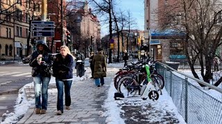 Stockholm Walks: City streets in beautiful area Vasastan. Sunshine & snow, Västeråsgatan -Odengatan.