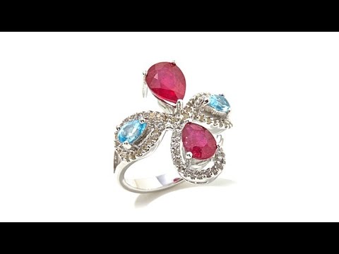Victoria Wieck Swiss Blue and White Topaz and Ruby Ring