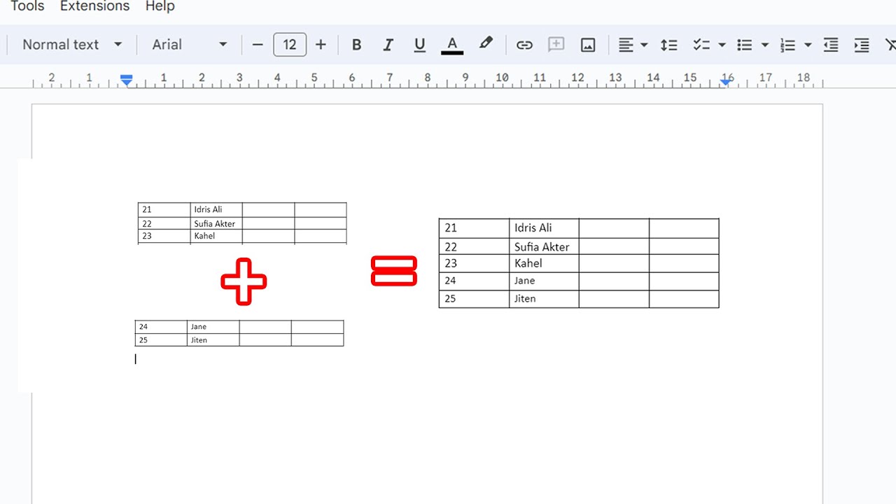 How to merge tables in google docs