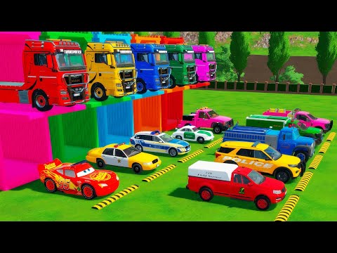 TRANSPORTING ALL POLICE CARS & AMBULANCE EMERGENCY VEHICLES WITH MERCEDES POLICE TRUCKS! | FS22