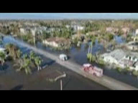 Drone view of flooded trailer park after Hurricane