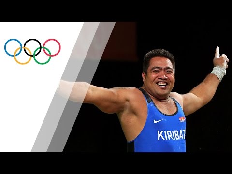 Katoatau fails his last weightlifting attempt but celebrates with a dance