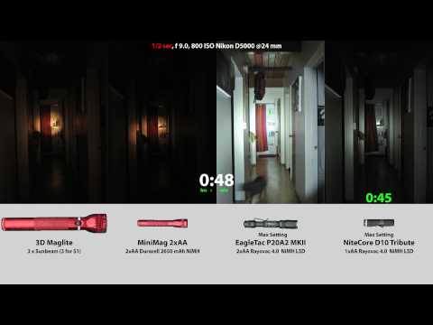 NiteCore D10 vs EagleTac P20A2 MKII vs Maglite MiniMag and 3D Beam shot time lapse