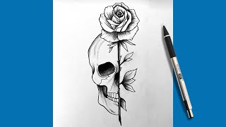 How To Draw A Skull And Rose Easy Step By Step | Tattoo Drawing Tutorial For Beginners