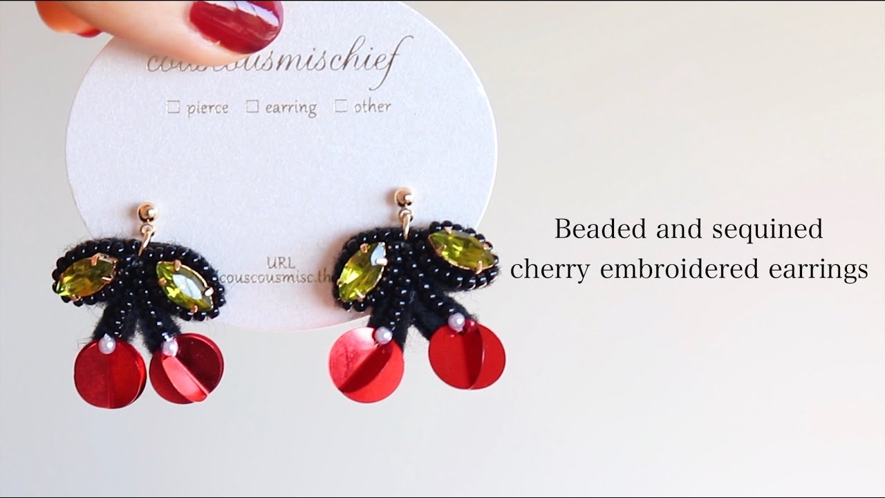 初心者でも簡単さくらんぼのビーズ刺繍ピアスの作り方DIY making a handmade embroidery beads earrings｜ハンドメイドアクセサリー刺繍イヤリング