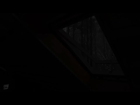In Corner of a Small Attic Window Looking Out into the Rain Outside Dark Forest