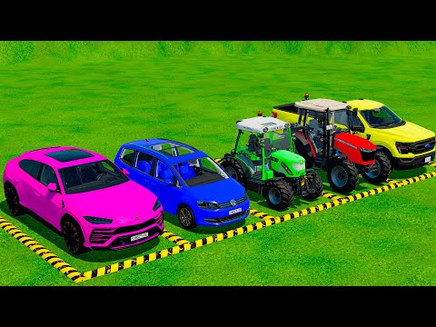 TRANSPORTING FIVE COLOR LAMBORGHINI URUS, VOLKSWAGEN SHARAN, MINI RIGITRAC, TRACTOR, FORD! - FS 22