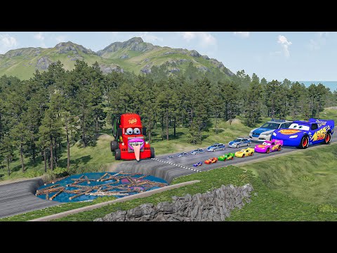 Big & Small McQueen & Police Car vs Zombie Mack, Giant Water Pit & Log Downhill Race – BeamNG.drive