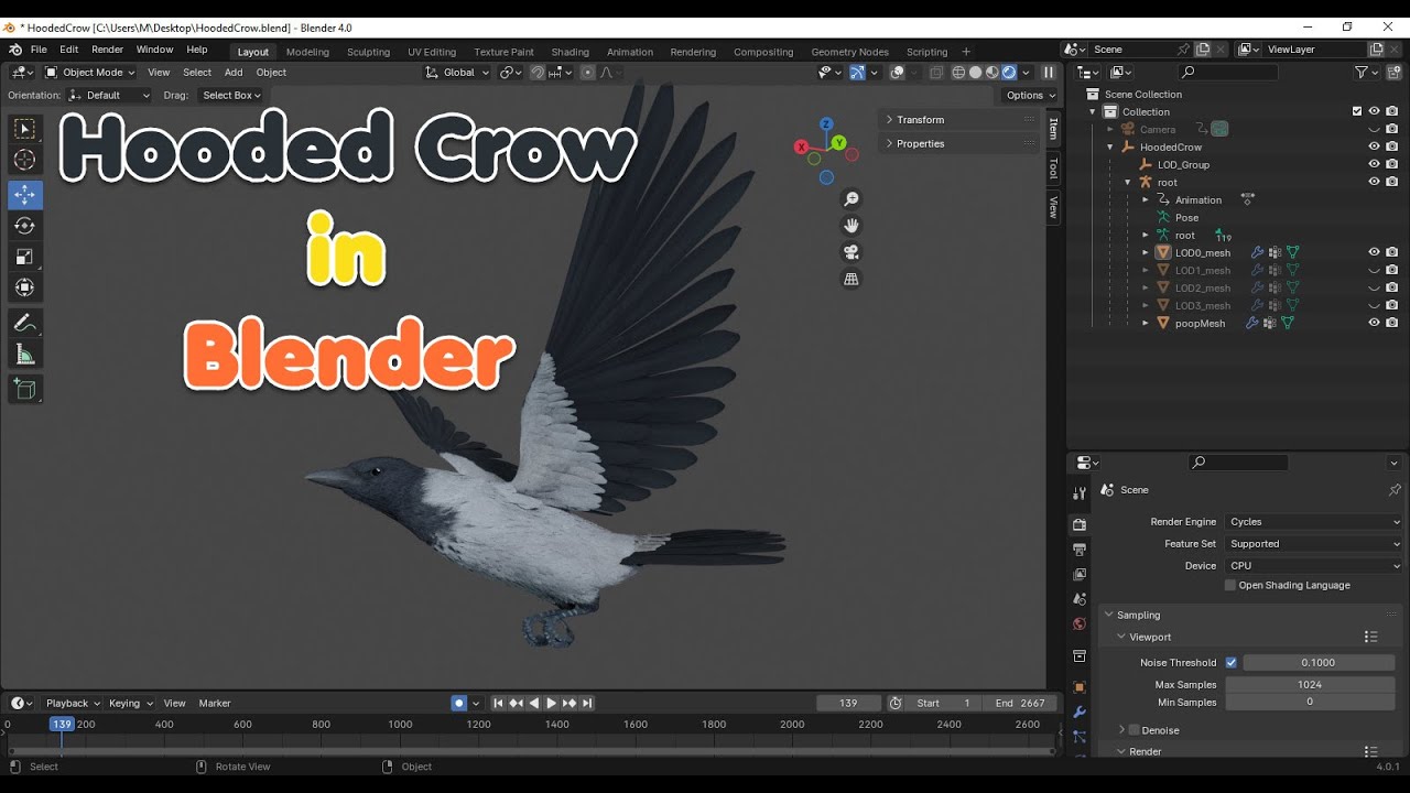 Corvo encapuzado animado realista Modelo 3D