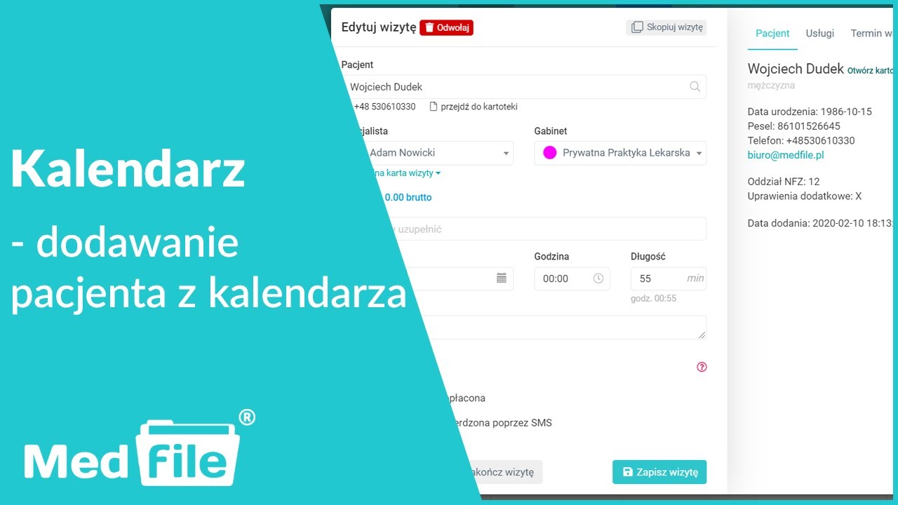 Dodawanie pacjenta z kalendarza