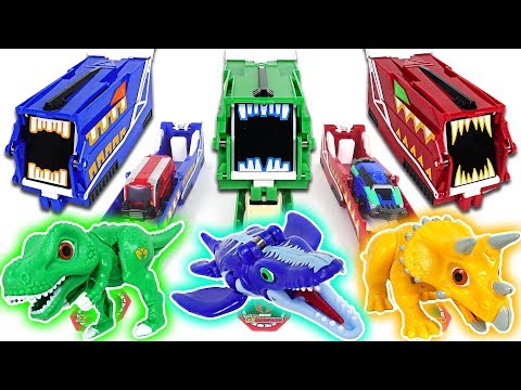 Dino Mecard Green, Blue, Red Car Shooter! Capture and Tiny dinosaurs fire!! - DuDuPopTOY