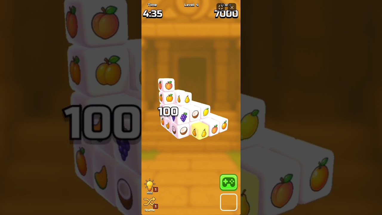 Mahjong Fruit 3D gameplay walkthrough showing rotations and item usage