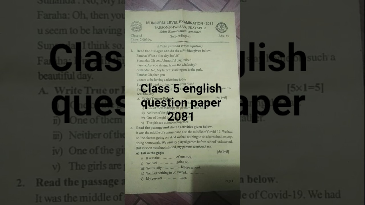 class 5 english question paper 2081 model question paper of english class 5