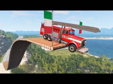 Cars Jumping over Broken Loop Bridge - Cars vs Deep Abyss and Log Bridge - BeamNG OMDs