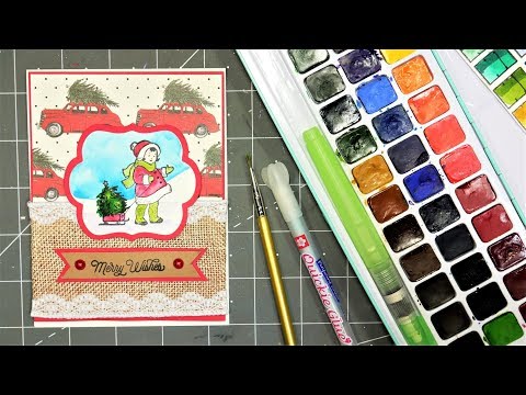 Sweet Sled Girl Stamped & Watercolor Christmas Card