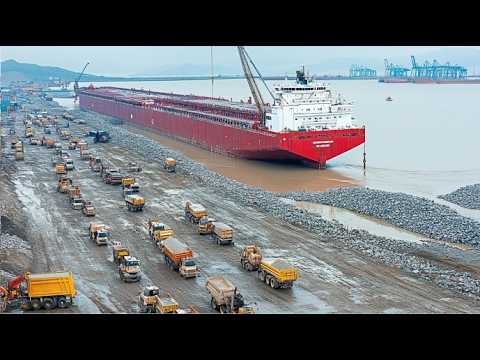 Mega Construction Site Of Seaport & Tunnel. Heavy Construction Machinery and Ultra Fast Technology