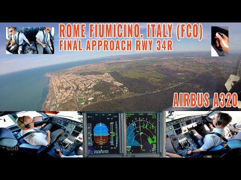 ROME (FCO) | Pilots + cockpit view of a beautiful Airbus A320 final approach + landing runway 34R