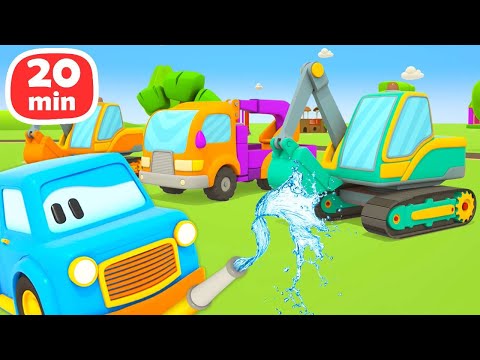 Schlaue Autos. Die Rettungsfahrzeuge sind in der Waschanlage. Cartoons für Kleinkinder