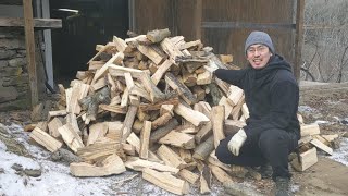 ボイラーの薪が届いたので地下室に運んで積んでみた　(大麻ファーム 戸建て築200年 ニューヨーク ASMR DIY 雪山 冬 ストーブ)