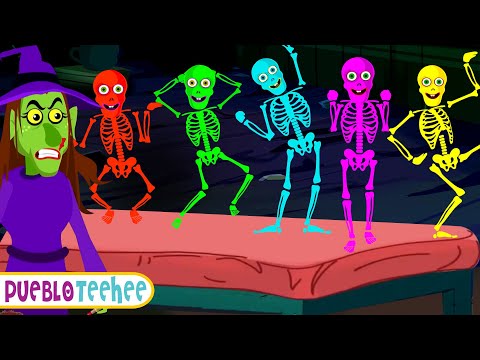 Cinco esqueletos divertidos saltando en la cama 💀| Canciones divertidas de Halloween | Pueblo Teehee