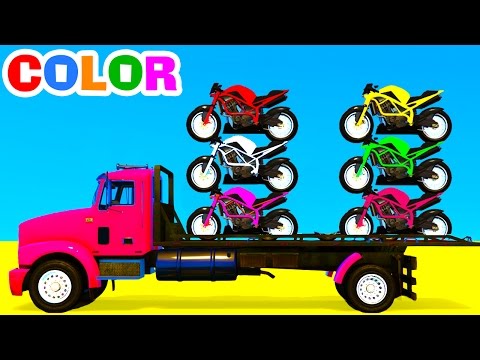 Color Motorcycles on Truck in Spiderman Cartoon 3D w Superheroes for Kids Colors Video Video