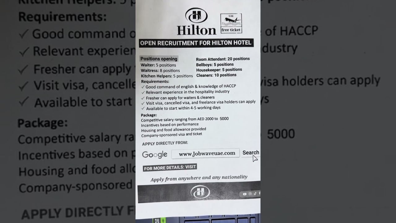 Hilton Hotel Jobs 2025 | Housekeeping, Reception, Chefs & More #jobwaveuae #dubaijobs2025 #dnatajobs