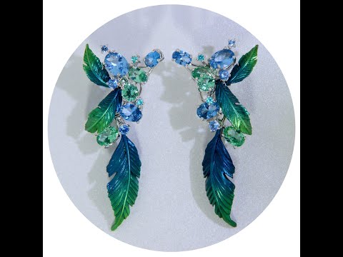 Cercei Argint 925 Aluminiu Cubic Zirconia Frunze Mari si Muguri Degrade Albastru Verde
