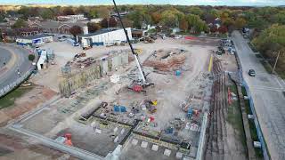 Drone video of construction beginning on new Mulva Cultural Center in downtown De Pere, Wisconsin