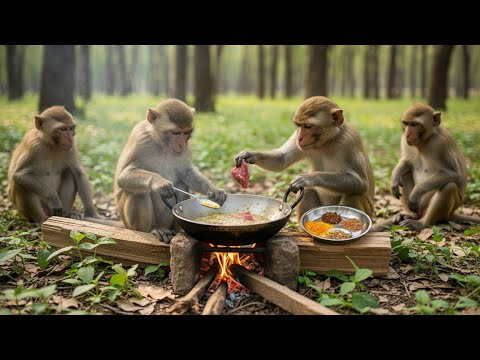 3 Real Indian Monkeys Cooking Meat in the Jungle Like Humans 🐒🔥 | Full Jungle Story