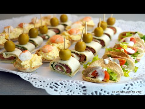 Canapes Variados. Mini Tacos, Tartaletas y Rollitos. Receta fácil con Tortillas de Trigo.