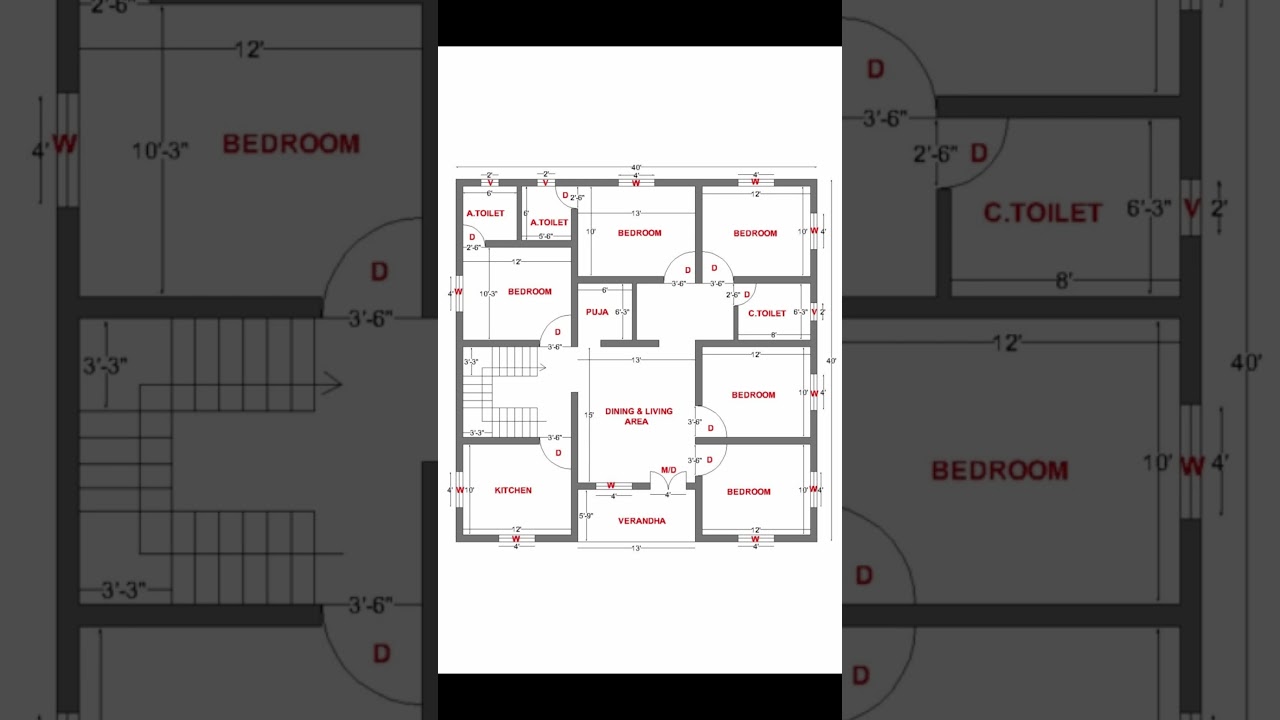 5 Bedroom House Plan | 5BHK House Plan | 40x40 House Plan | 40 BY 40 Home Plan | 40'x40' Home Design