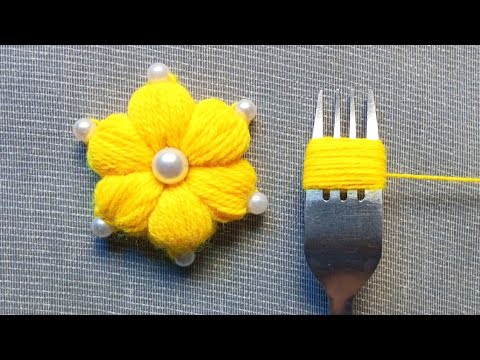 It's so Beautiful !! Superb Woolen Flower Making Trick with Fork - Hand Embroidery Design
