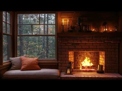 Rainy Autumn Day with Crackling Fireplace in a Cozy Hut Ambience - Relax, Sleep or Study