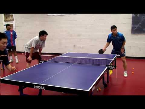 Learning side swipe serve return with Chen Weixing.