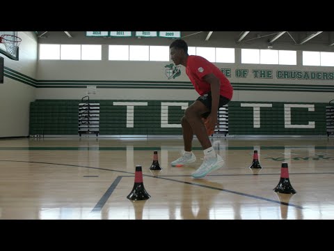 Karter Knox of Overtime Elite Demonstrates a Cone Drill for Ball Handling