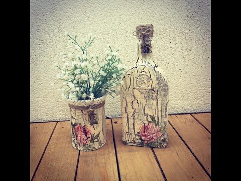 Bottle and can decorated with crackle and decoupage