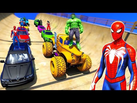 SUPERHERO Cars Challenge on TRIPLE Ramp ! SPIDERMAN Fire Truck BMW Race JEEP Bikes - GTA 5