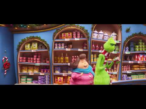 Trailer shot of Whoville decorations with holiday lighting and motion blur