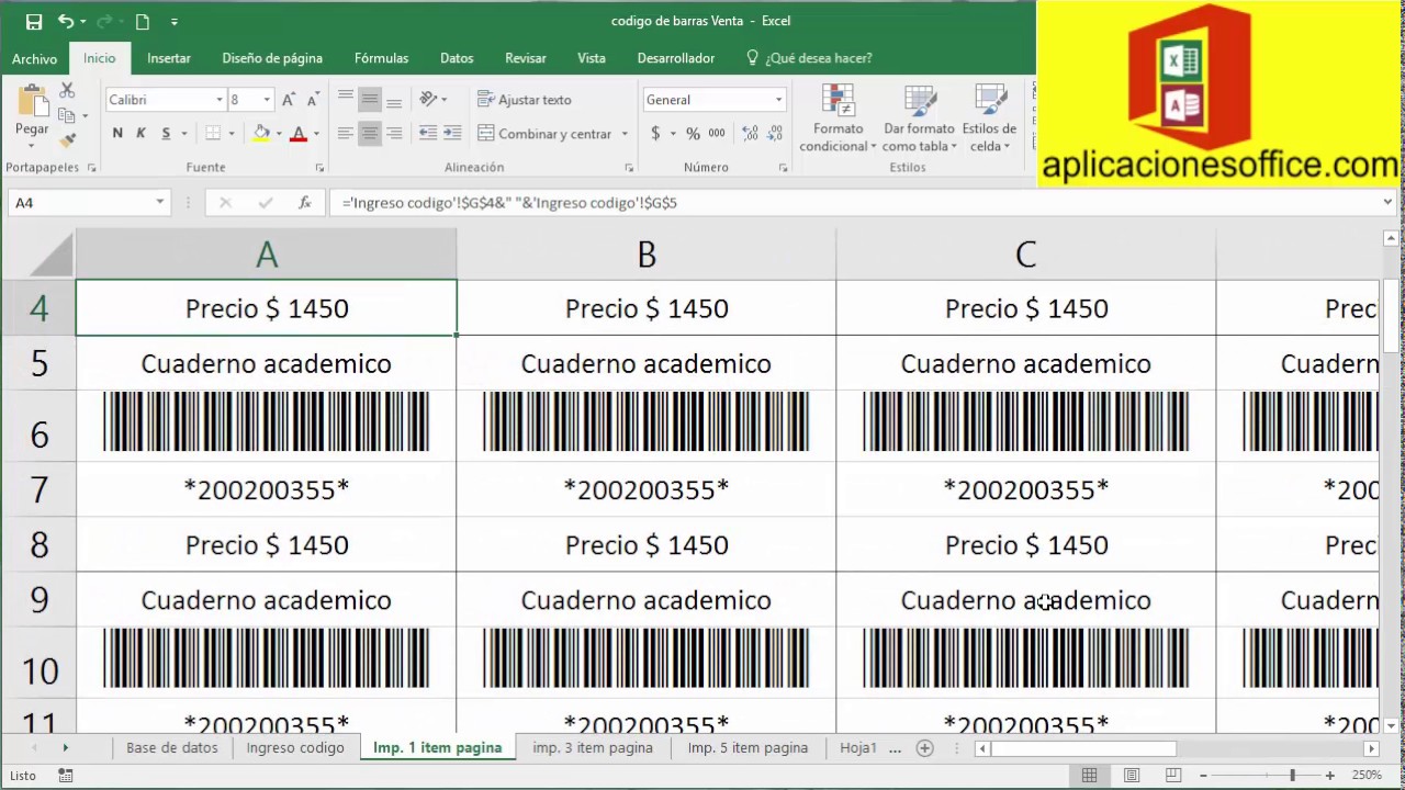 Generar e imprimir código de barras con excel (Ref. CB1)