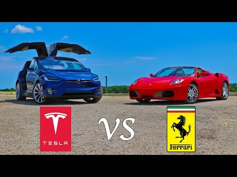 Tesla Model X P90D Ludicrous vs Ferrari F430 Drag Racing and Roll Racing Video