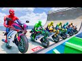 SUPERHEROES ON A MOTORCYCLE WITH SPIDERMAN SUITS WATER SLIDE AROUND THE BUILDING