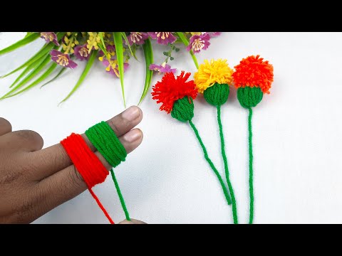 Amazing Pom Pom Flower Craft Idea with Fingers - Easy Woolen Flower Making - Hand Embroidery Trick