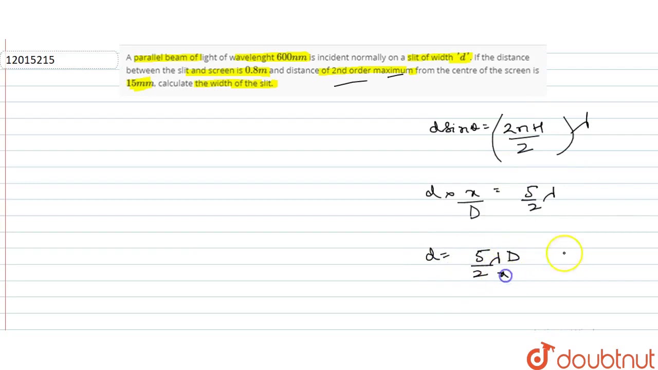 A parallel beam of light of wavelenght `600 nm` is incident normally on a