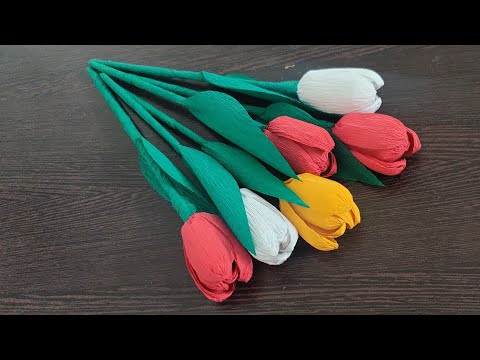 Paper Tulip | How to make Tulip flower using crepe paper /Paper flower - Tulip