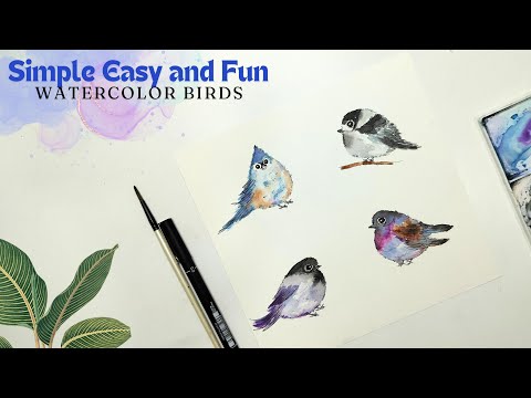 How to draw and paint cute colorful watercolor Birds. Step by step tutorial. Bird drawings.