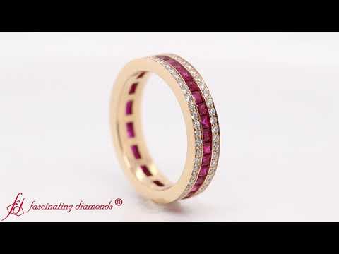 3 Row Diamond Eternity Ring With Ruby In Yellow Gold