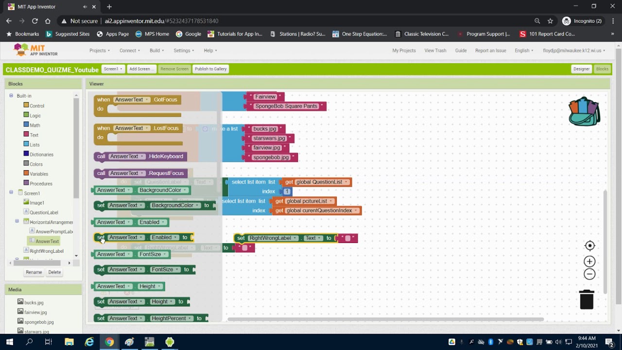 Quiz Me Screen Initializing and Index Questions MIT APP INVENTOR 2